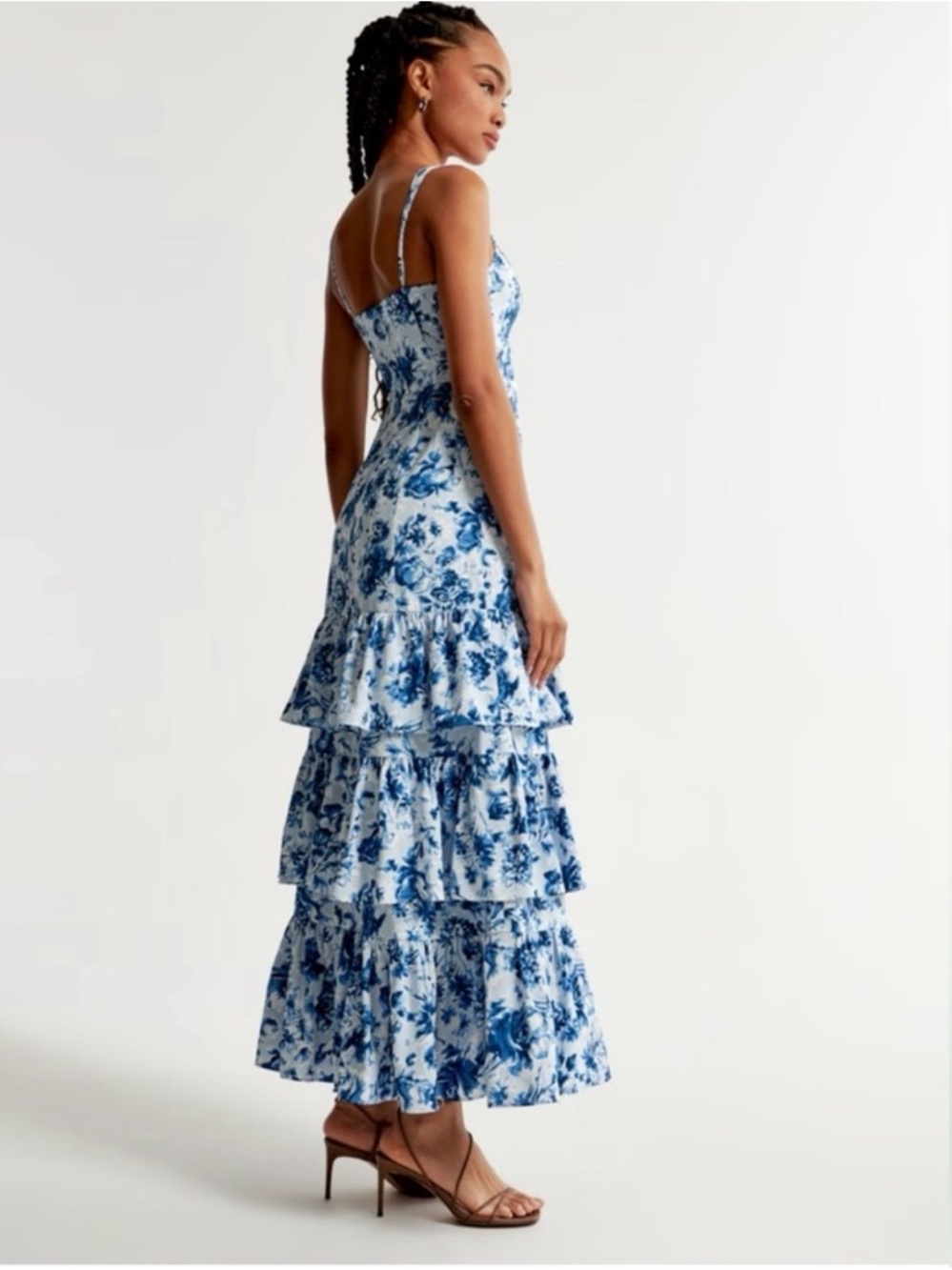 NWT! Abercrombie & Fitch Drama Ruffle Tiered Gown Blue & White Floral - Picture 2 of 7